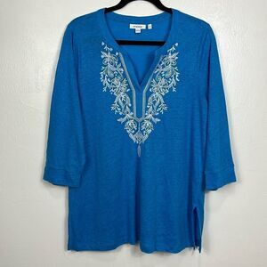 Chico’s Blue Linen 3/4 Sleeves White Embroidery Blouse Top Size L